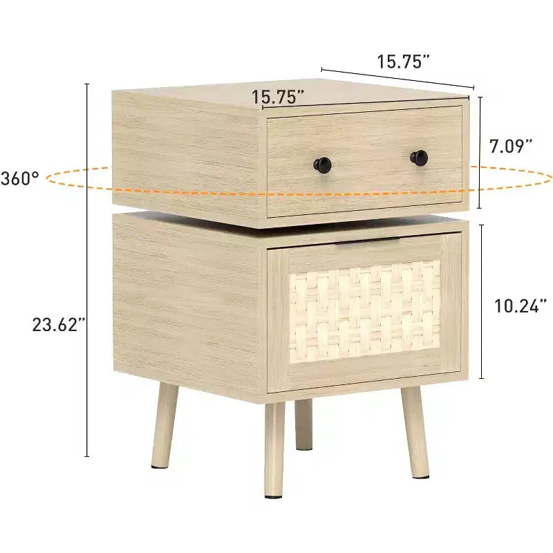 Mesa auxiliar moderna giratoria 360° con puerta abatible tejida, madera de roble