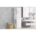 Tall Tilt-Out Laundry Cabinet, Narrow Bathroom Storage Cabinet with Hidden Laundry Hamper Basket, Hooks, Adjustable Shelf, Drawers