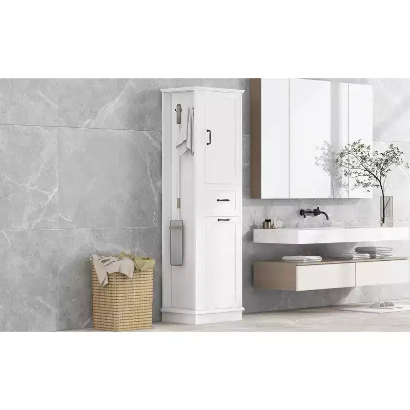 Tall Tilt-Out Laundry Cabinet, Narrow Bathroom Storage Cabinet with Hidden Laundry Hamper Basket, Hooks, Adjustable Shelf, Drawers