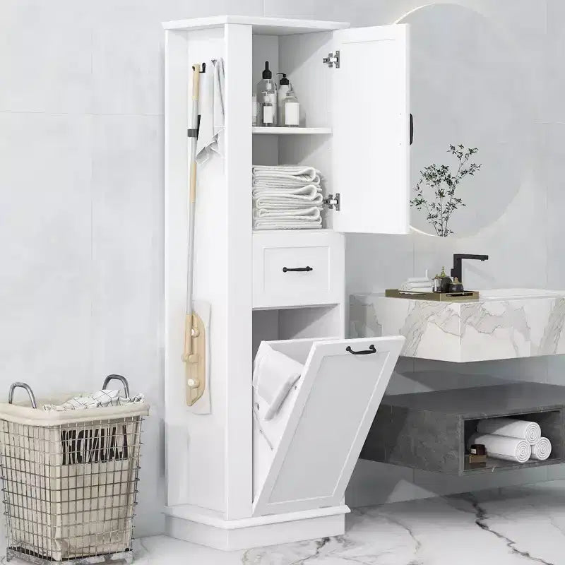 Armario de lavandería alto inclinable, armario de almacenamiento de baño estrecho con cesto de ropa sucia oculto, ganchos, estante ajustable, cajones
