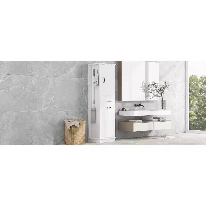 Armario de lavandería alto inclinable, armario de almacenamiento de baño estrecho con cesto de ropa sucia oculto, ganchos, estante ajustable, cajones