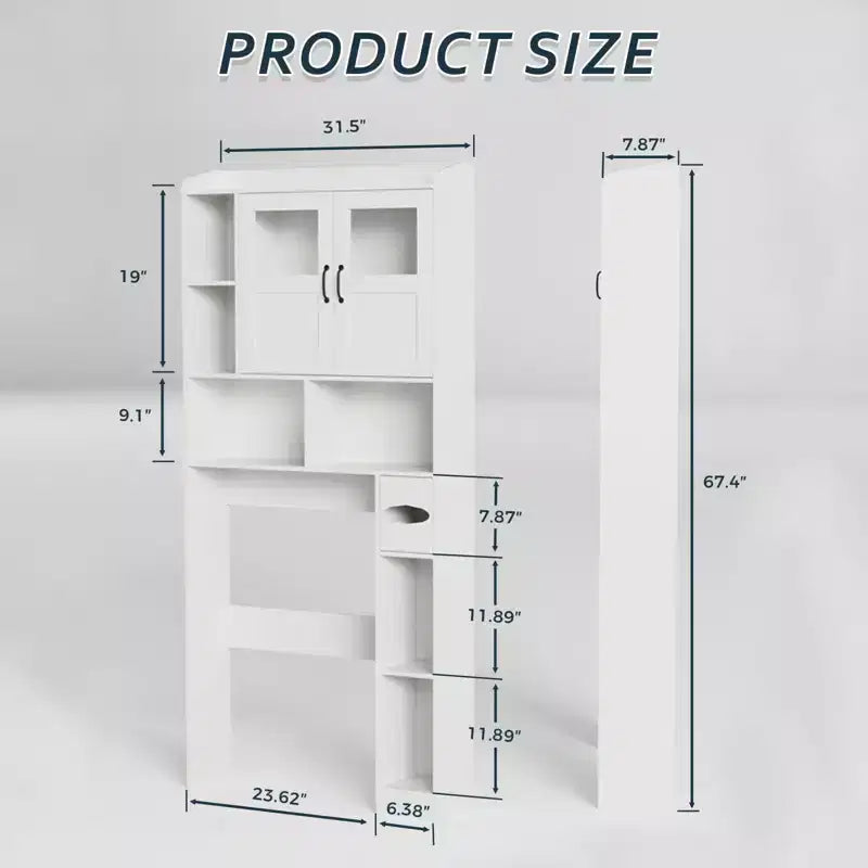 Mueble Organizador de Baño para Inodoro, de Pie, con 2 Puertas y Estante Ajustable, Blanco, 23.6x7.9x67.7 pulgadas