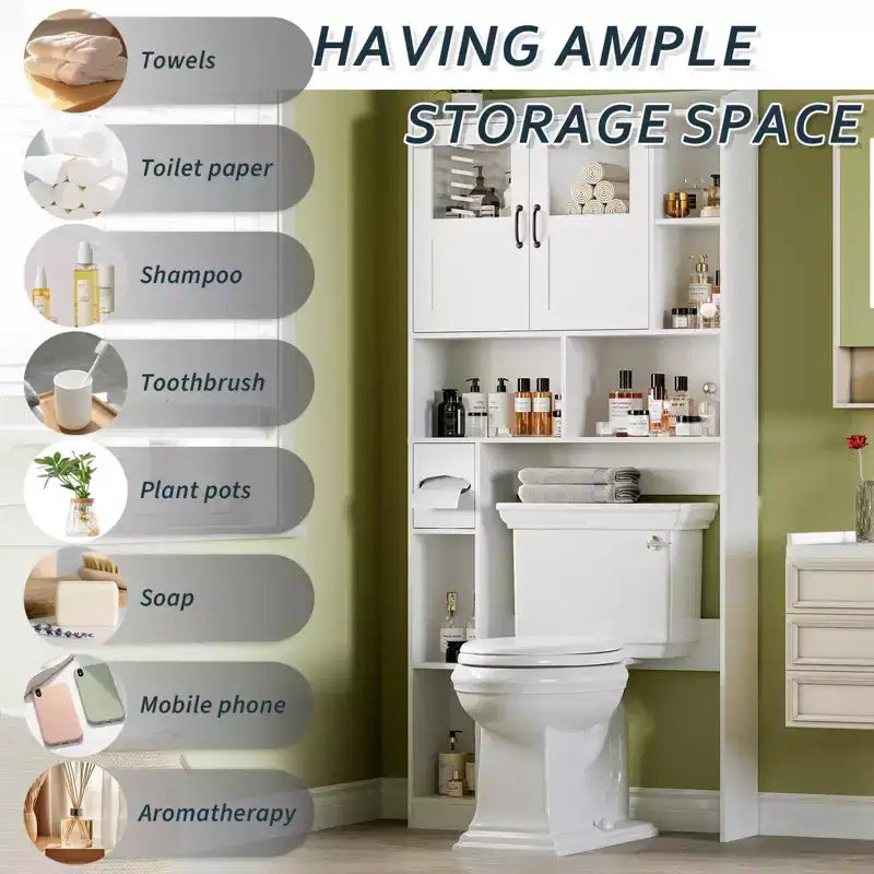 Mueble Organizador de Baño para Inodoro, de Pie, con 2 Puertas y Estante Ajustable, Blanco, 23.6x7.9x67.7 pulgadas
