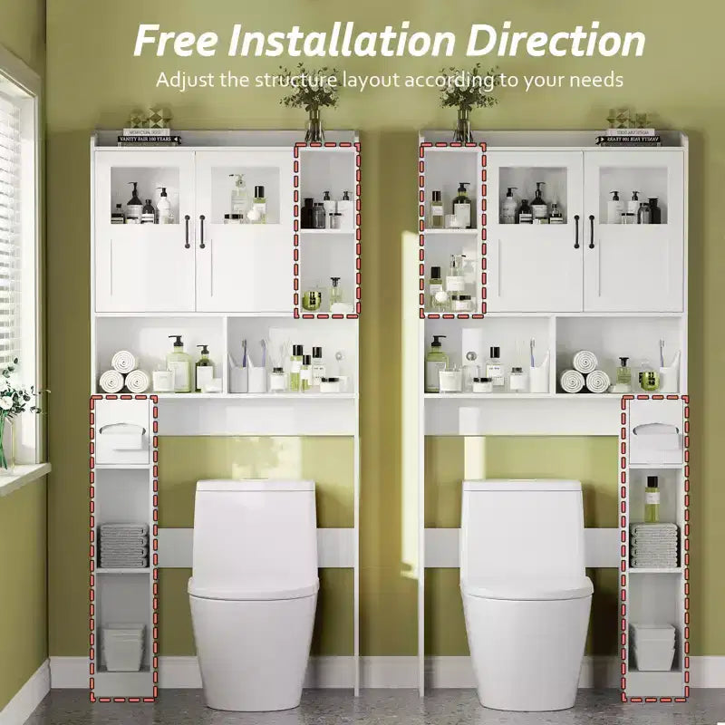 Mueble Organizador de Baño para Inodoro, de Pie, con 2 Puertas y Estante Ajustable, Blanco, 23.6x7.9x67.7 pulgadas