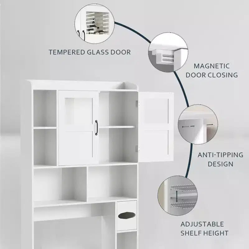 Mueble Organizador de Baño para Inodoro, de Pie, con 2 Puertas y Estante Ajustable, Blanco, 23.6x7.9x67.7 pulgadas