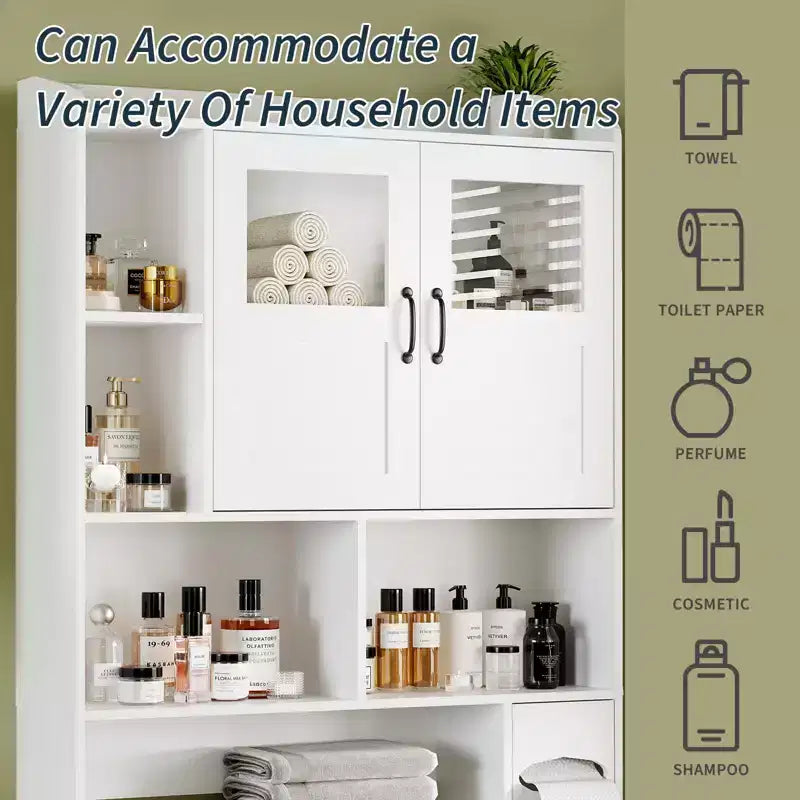 Mueble Organizador de Baño para Inodoro, de Pie, con 2 Puertas y Estante Ajustable, Blanco, 23.6x7.9x67.7 pulgadas