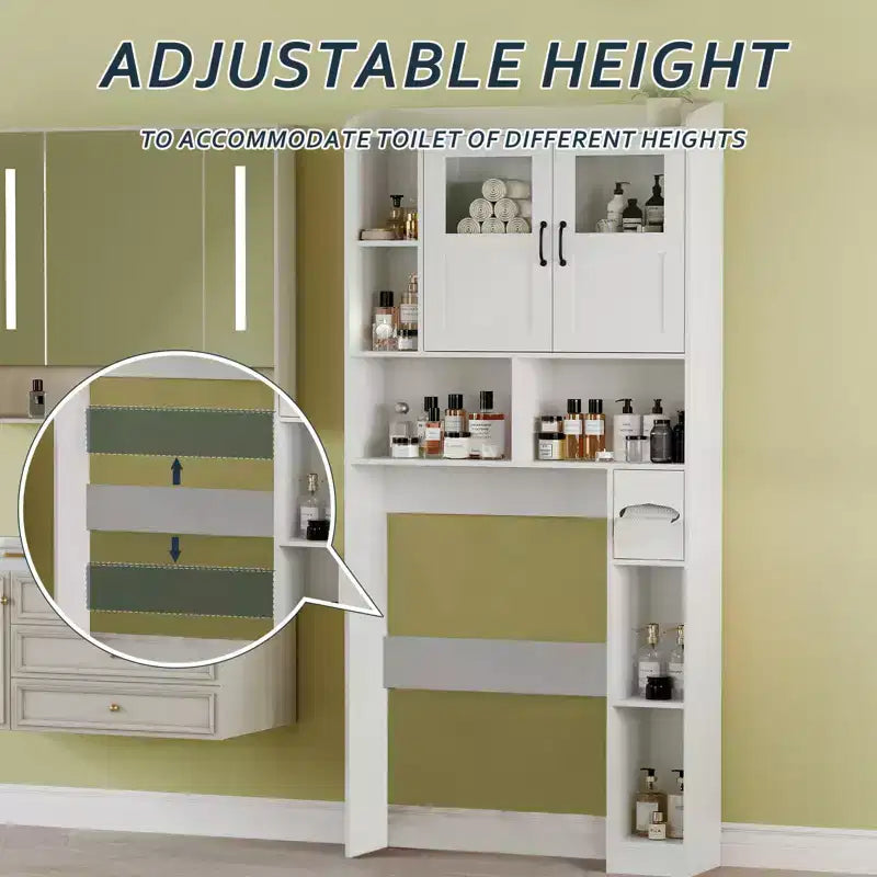 Mueble Organizador de Baño para Inodoro, de Pie, con 2 Puertas y Estante Ajustable, Blanco, 23.6x7.9x67.7 pulgadas