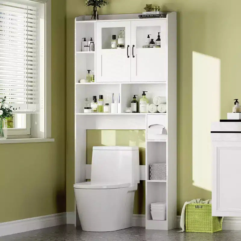 Mueble Organizador de Baño para Inodoro, de Pie, con 2 Puertas y Estante Ajustable, Blanco, 23.6x7.9x67.7 pulgadas