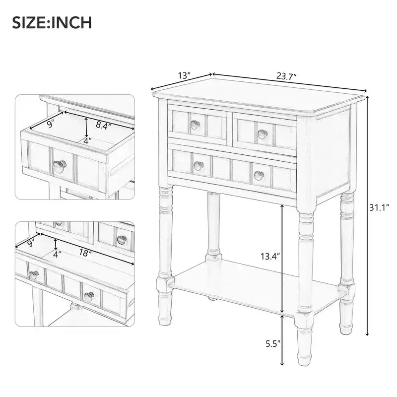 Consola de Madera Maciza Rústica de 23.7 pulgadas con 3 Cajones y Estante Inferior, Gris