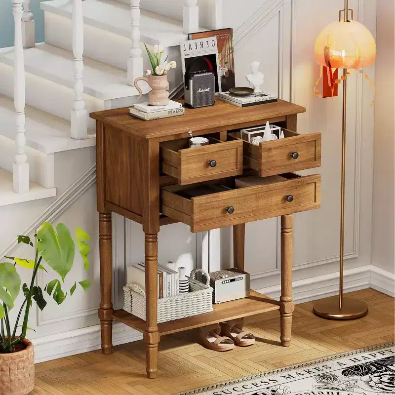 Consola de Madera Maciza Rústica de 23.7 pulgadas con 3 Cajones y Estante Inferior, Gris