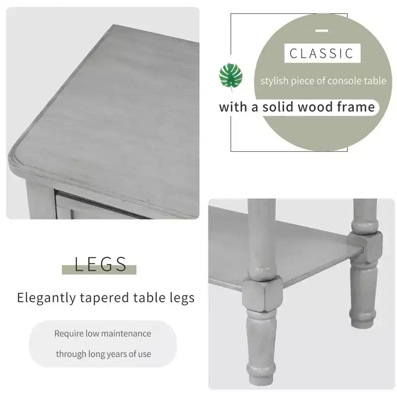 Consola de Madera Maciza Rústica de 23.7 pulgadas con 3 Cajones y Estante Inferior, Gris