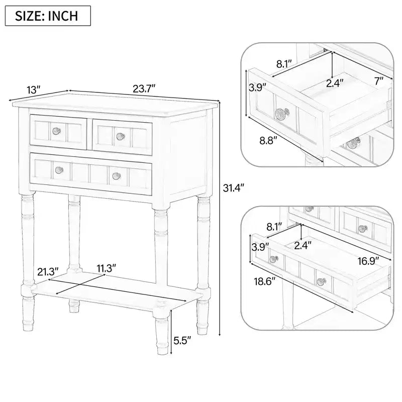 Consola de Madera Maciza Rústica de 23.7 pulgadas con 3 Cajones y Estante Inferior, Gris