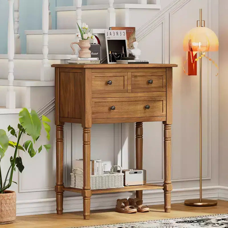 Consola de Madera Maciza Rústica de 23.7 pulgadas con 3 Cajones y Estante Inferior, Gris
