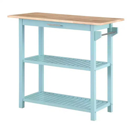 Breighton Home Designs2Go 3 Tier Butcher Block Kitchen Prep Island with Drawer in Sea Foam Blue/Butcher Block