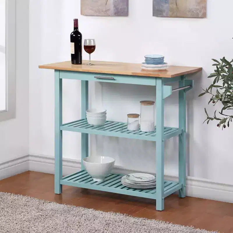 Isla de cocina con encimera de bloque de carnicero de 3 niveles y cajón, azul espuma de mar, 40x20x36.75 pulg.