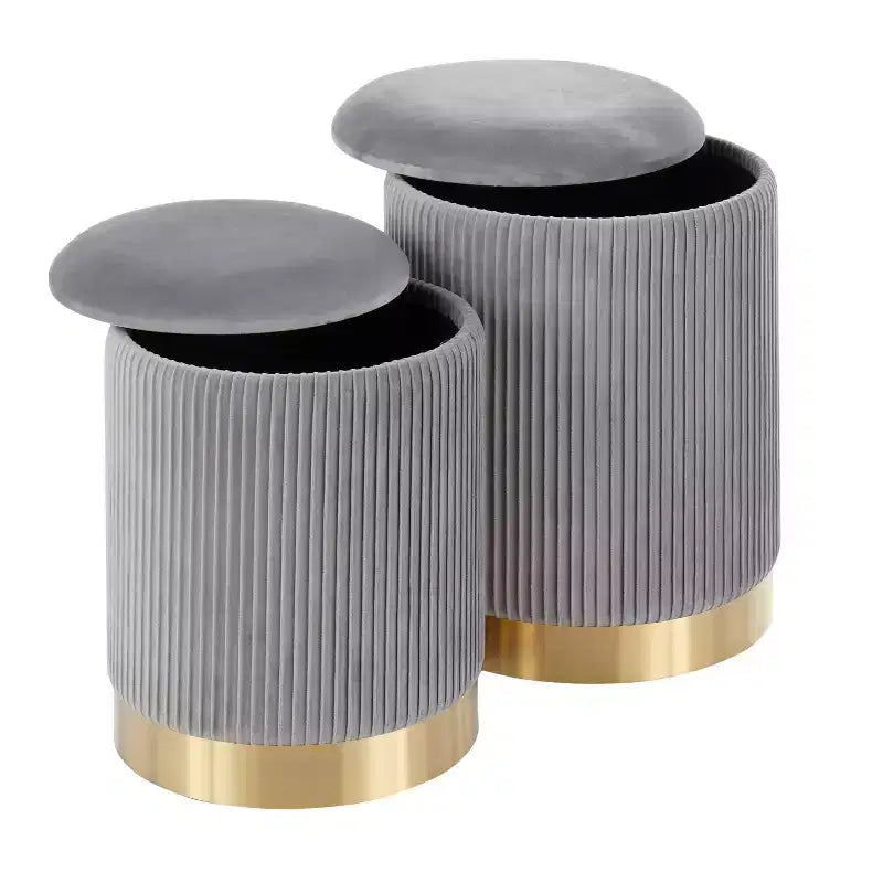 Juego de 2 pufs nido plegables contemporáneos, tapicería de terciopelo gris, patas de metal dorado