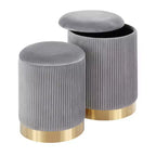 Juego de 2 pufs nido plegables contemporáneos, tapicería de terciopelo gris, patas de metal dorado