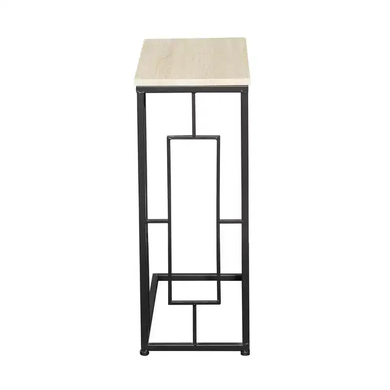 Mesa Auxiliar de Sofá Moderna de Hierro y Madera con Forma de C, Marco Negro, 19x10x26 pulg.
