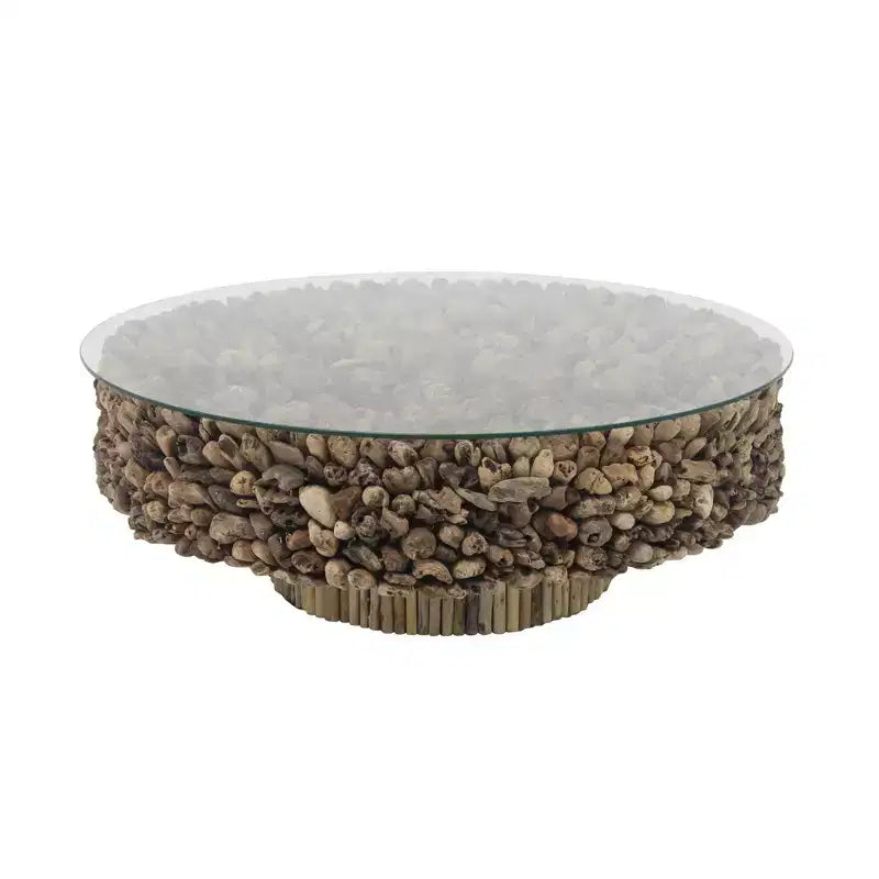 Rustic Driftwood Coffee Table Brown - Olivia & May: No Assembly, Glass Top, Wood Legs