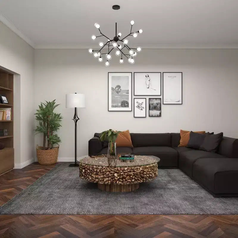 Mesa de centro redonda rústica de madera flotante con tapa de cristal templado, marrón, 122 cm de diámetro