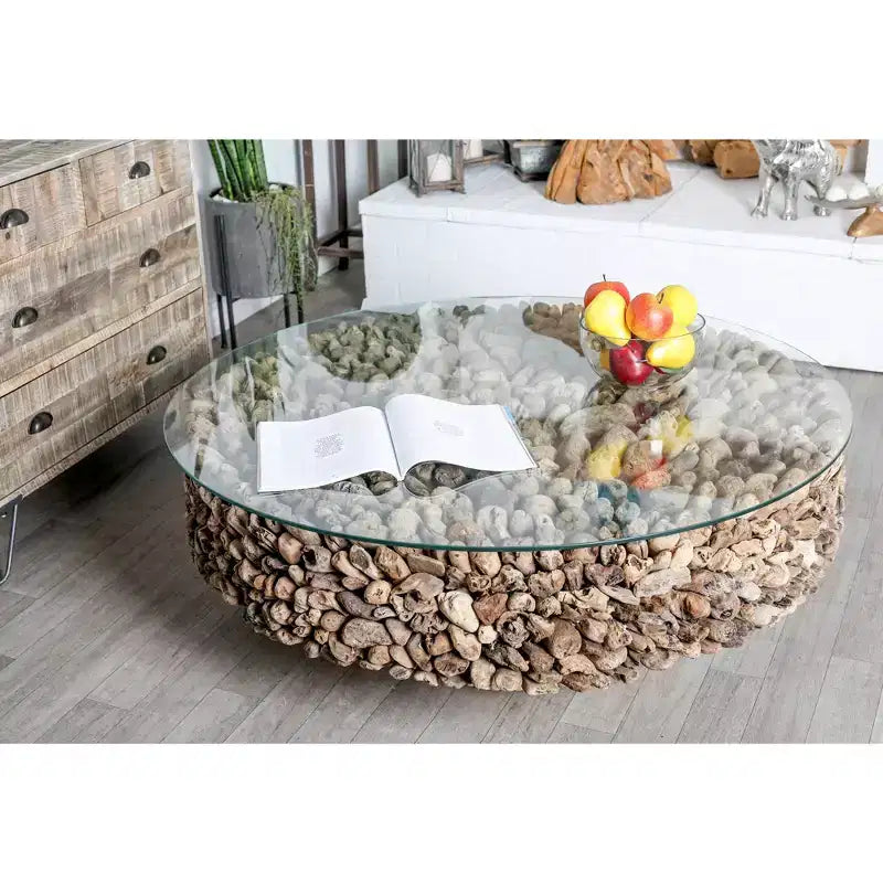 Mesa de centro redonda rústica de madera flotante con tapa de cristal templado, marrón, 122 cm de diámetro