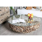Mesa de centro redonda rústica de madera flotante con tapa de cristal templado, marrón, 122 cm de diámetro