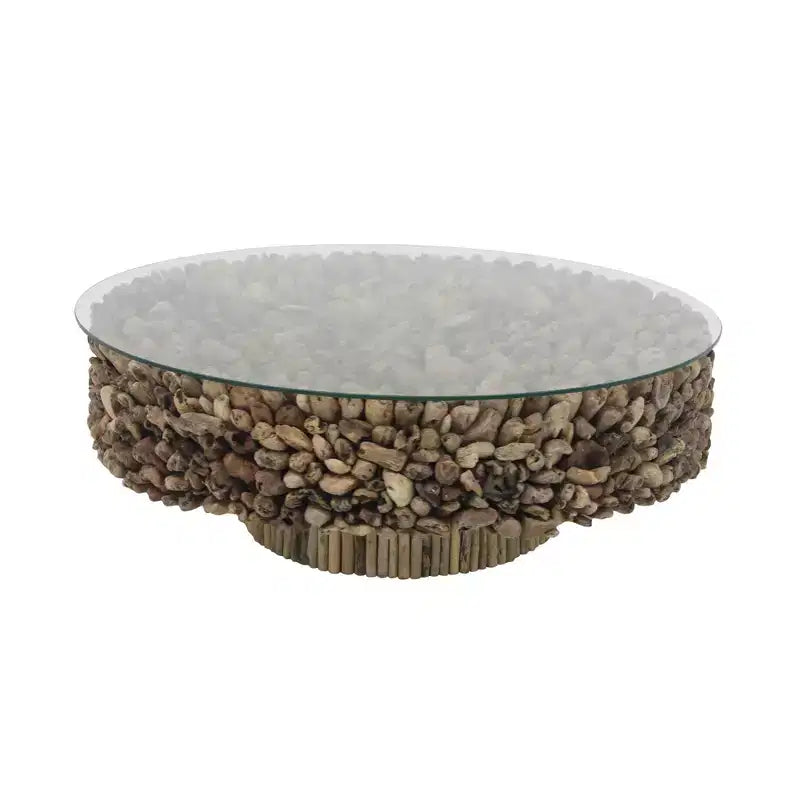 Mesa de centro redonda rústica de madera flotante con tapa de cristal templado, marrón, 122 cm de diámetro