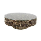 Mesa de centro redonda rústica de madera flotante con tapa de cristal templado, marrón, 122 cm de diámetro
