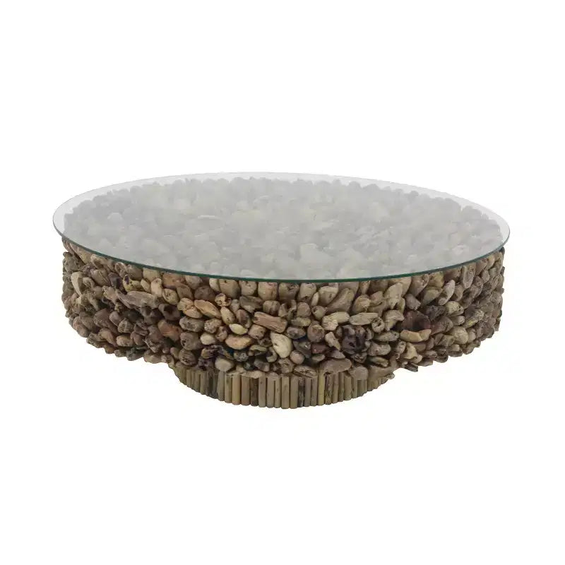 Mesa de centro redonda rústica de madera flotante con tapa de cristal templado, marrón, 122 cm de diámetro