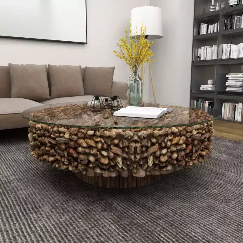 Mesa de centro redonda rústica de madera flotante con tapa de cristal templado, marrón, 122 cm de diámetro