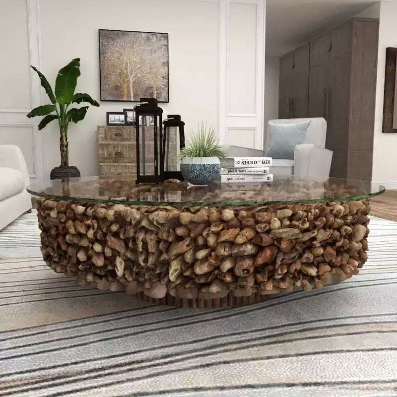 Mesa de centro redonda rústica de madera flotante con tapa de cristal templado, marrón, 122 cm de diámetro