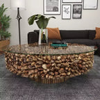 Mesa de centro redonda rústica de madera flotante con tapa de cristal templado, marrón, 122 cm de diámetro