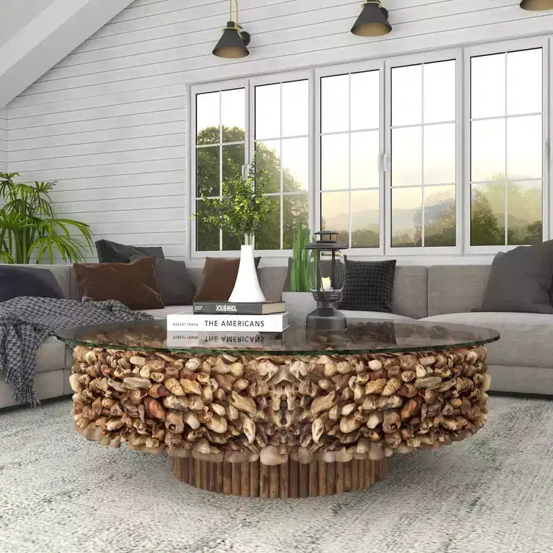 Mesa de centro redonda rústica de madera flotante con tapa de cristal templado, marrón, 122 cm de diámetro