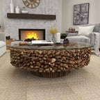 Mesa de centro redonda rústica de madera flotante con tapa de cristal templado, marrón, 122 cm de diámetro