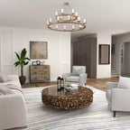 Mesa de centro redonda rústica de madera flotante con tapa de cristal templado, marrón, 122 cm de diámetro
