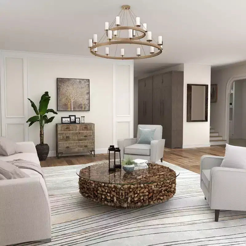 Mesa de centro redonda rústica de madera flotante con tapa de cristal templado, marrón, 122 cm de diámetro