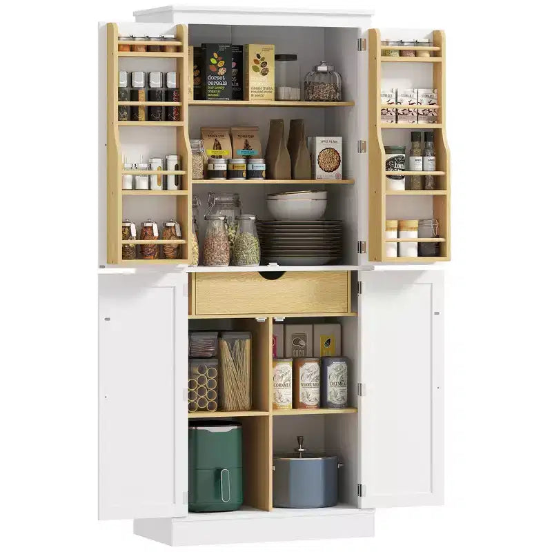 HOMCOM 72 Kitchen Pantry, 4-Door Kitchen Cabinet with 5-tier Storage Shelving, 8 Spice Racks, Interior Drawer and Adjustable Shelves, White