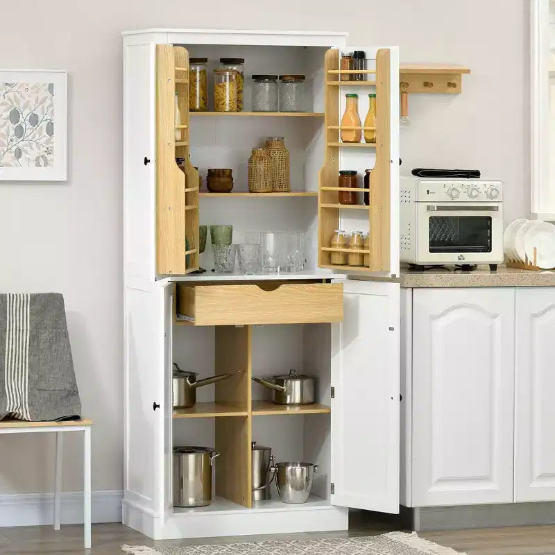 Despensa de cocina de 72", gabinete de cocina de 4 puertas con estantes de almacenamiento de 5 niveles, 8 especieros, cajón interior y estantes ajustables, blanco