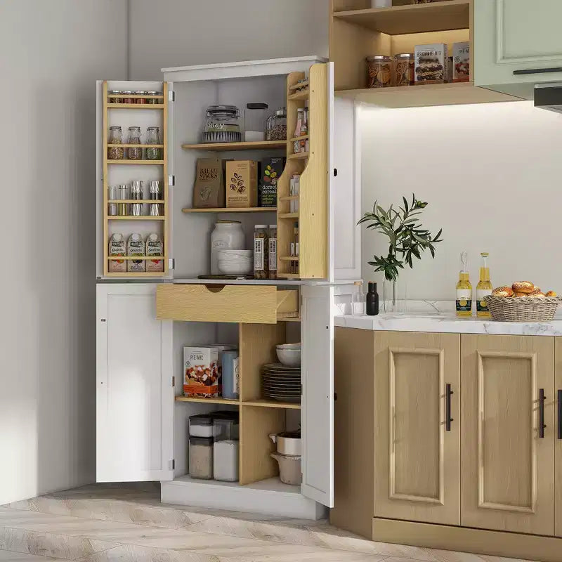 Despensa de cocina de 72", gabinete de cocina de 4 puertas con estantes de almacenamiento de 5 niveles, 8 especieros, cajón interior y estantes ajustables, blanco
