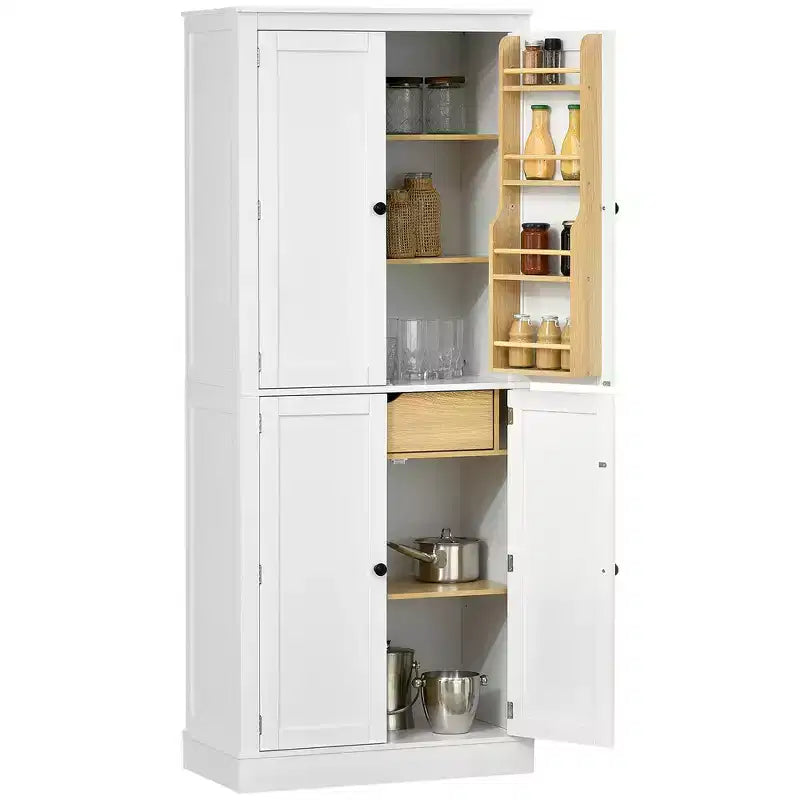 Despensa de cocina de 72", gabinete de cocina de 4 puertas con estantes de almacenamiento de 5 niveles, 8 especieros, cajón interior y estantes ajustables, blanco