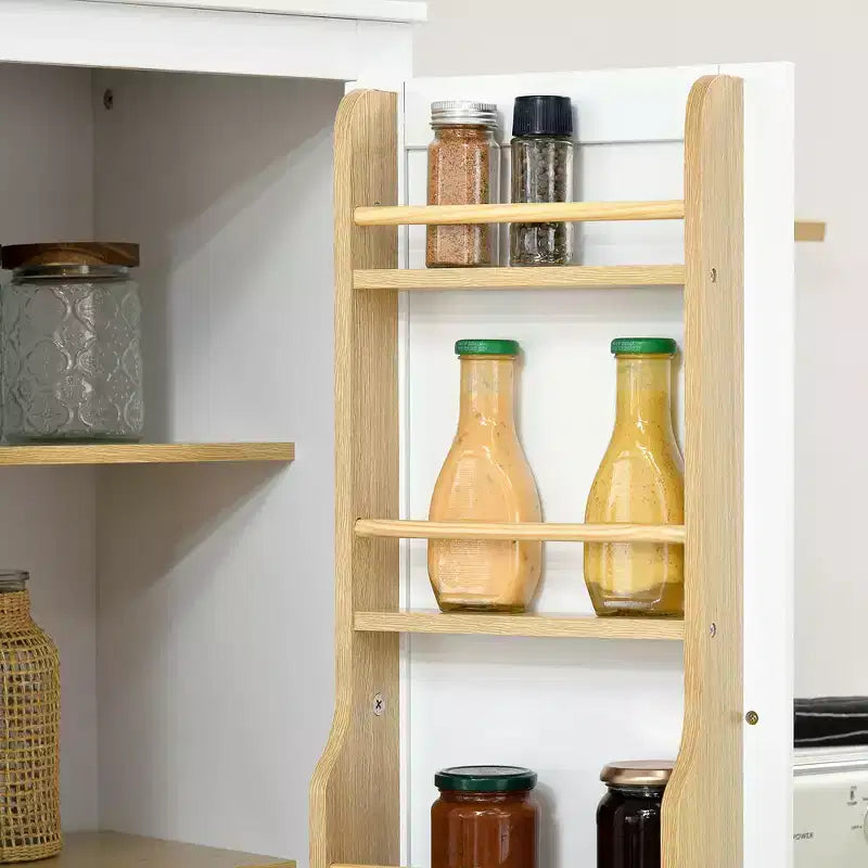 Despensa de cocina de 72", gabinete de cocina de 4 puertas con estantes de almacenamiento de 5 niveles, 8 especieros, cajón interior y estantes ajustables, blanco
